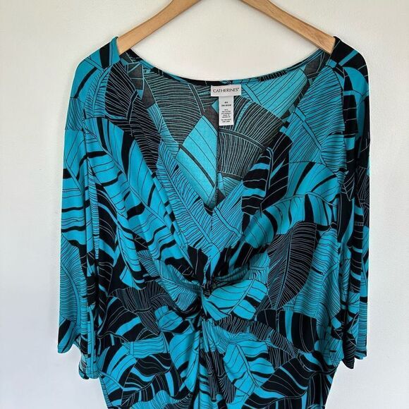 Catherines Women’s Plus Size Palm Twist-Knot Teal and Black Foliage Midi Maxi Dr - Picture 7 of 7